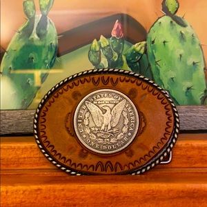 Leather Belt Buckle with Hobo Coin Inlay.